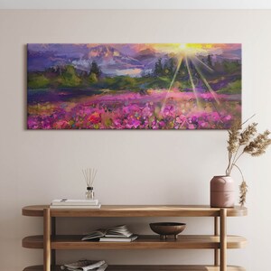 Meadow in sunset Canvas, Picture Wall Hanging, Purple Wall Decor, Abstraction Canvas Print 125x50cm I 49"x20"