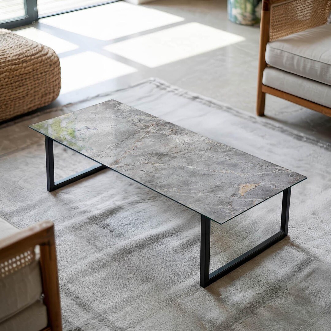 Natural Marble Pattern Glass Table Top, Gray Scandinavian-style Glass ...