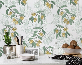 Canaga Leaf Wallpaper In Roll, Green Reusable Wall Mural, Floral Pattern, Home Makeover #2R