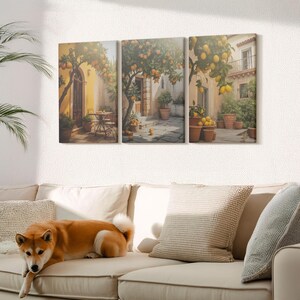 Canvas Set Of 3 Wall Art - Sunny Patio With Citrus Trees And Pots, Orange Wall Art Canvas Print, Plants And Flowers Wall Decor