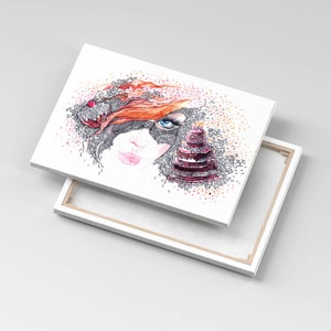 Abstract sweet woman with cake Canvas, Picture Wall Hanging, Pink Wall Decor, Abstraction Canvas Print