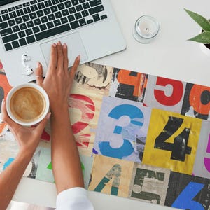 Colorful numbers collage Desk Mat, Multicolored Desk Pad, PVC Table Protector, Texts Desk Cover, Computer Decoration