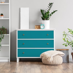 May include: A teal dresser with three drawers and gold knobs. The dresser is in a room with white shelves, plants, and a white frame.