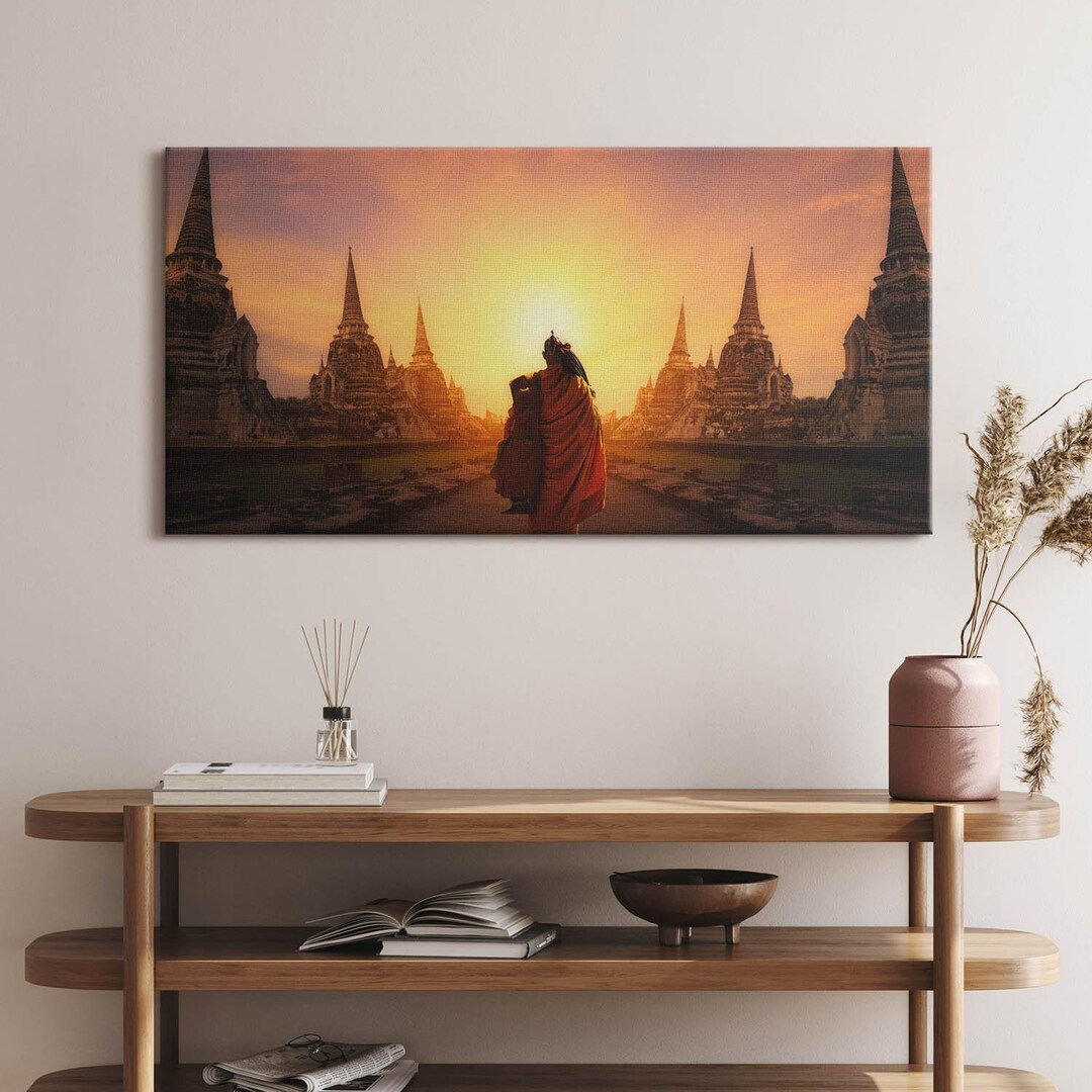Temple and a Walking Monk Canvas, Picture Wall Hanging, Brown Wall Art ...