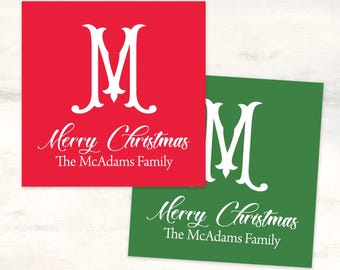 Red and Green Christmas gift stickers, Initial Christmas stickers from family, Large initial gift, Family monogram holiday gift label