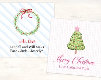 Striped Christmas gift stickers, Kids Christmas stickers, Family Wreath, Holiday gift tags, Christmas tree pink Kids labels for Grandparents