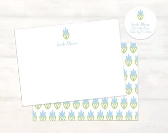 Personalized notecards flower stationery, Blue floral stationery, Preppy notecards, Birthday gift stationary blue and green modern floral