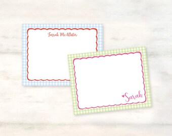 Gingham border stationery set, Flat notecards with envelopes, Preppy stationery, Thank you note cards, Personalized birthday gift for girls