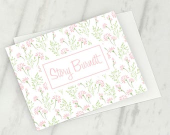 Personalized floral folded notecard custom stationery set, pink and green flower stationery note cards, Custom gift for girl thank you notes