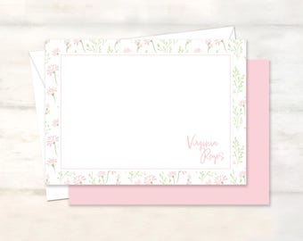 Personalized floral stationery for her, Pink and green flower note card, Grandmillennial letter writing, Baby shower thank you, Floral notes