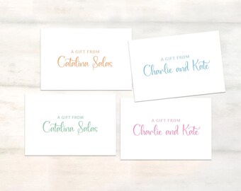 Custom script enclosure cards for gifts, Colorful gift from birthday tags, Couples gift tags, Custom to from tag for birthday celebration