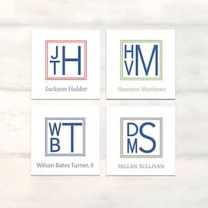 May include: Four white square cards with a blue, red, green, and gray border. Each card has a monogram with the first letter of the person's name in a larger font than the second letter. The names are Jackson Holder, Harrison Matthews, Wilson Bates Turner, II, and Dillan Sullivan.