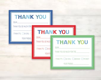 Fill-in-the-blank thank you notes for kids, Writing note cards for children, Thank you stationery for birthday, Kids birthday thank you note