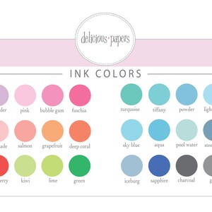 May include: A color chart from Delicious Papers, showcasing a variety of ink colors. The chart includes a range of hues, from bright purple and pink to turquoise and blue, and also features red, green, and black. The text "INK COLORS" is displayed.