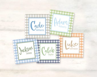 Gingham boys enclosure cards, Fun gift tags, Playful boys personalized birthday tags, Colorful gingham pattern calling cards for kids