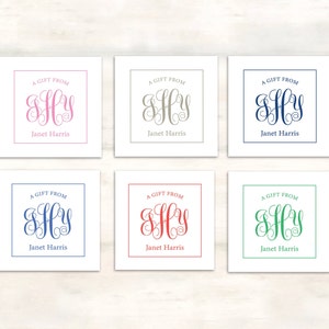 May include: Six gift tags with a white background and a black border. Each tag has a different colored monogram with the letters "SHY" and the text "A GIFT FROM Janet Harris".