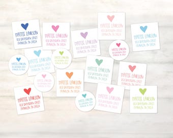 Personalized kids' return address labels for notes, Custom heart return address stationery stickers, Round or square address stickers