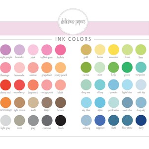 Puede incluir: Una tabla de colores de tinta con nombres para cada color. Los colores est&aacute;n dispuestos en filas y columnas, con los nombres de los colores debajo de cada c&iacute;rculo.