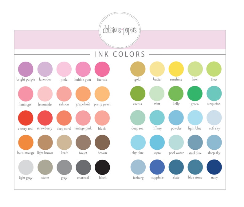 Puede incluir: Una tabla de colores de tinta con nombres para cada color. Los colores est&aacute;n dispuestos en filas y columnas, con los nombres de los colores debajo de cada c&iacute;rculo.
