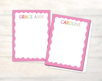 Preppy stationery for girls scalloped border note card set, Pink thank you note, grand millennial cards, Notes for girls stationery for kids