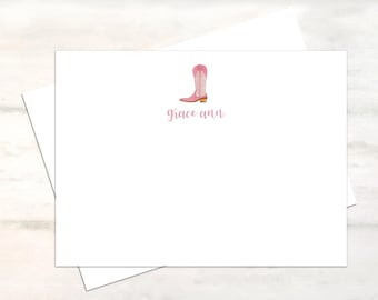 Cowgirl boot stationery for girls personalized watercolor note cards, Watercolor cowgirl boots stationary, Pink cowgirl boots girls notes