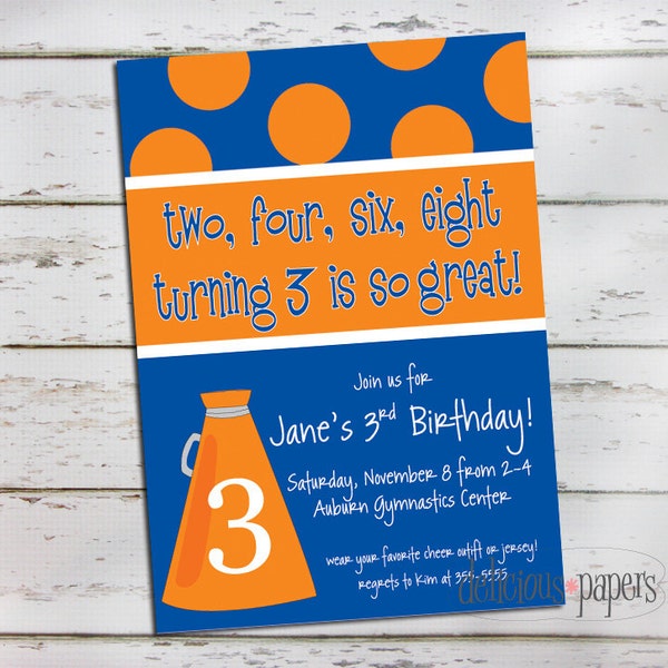 Cheerleading anniversaire invitation • orange et le bleu Bravo • invitation anniversaire de fille auburn anniversaire invitation •