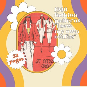 May include: A vintage book cover with a red background and three women wearing 1980s fashion. The text on the cover reads "1980 fashion patterns I sew my own outfits" and "32 pages".