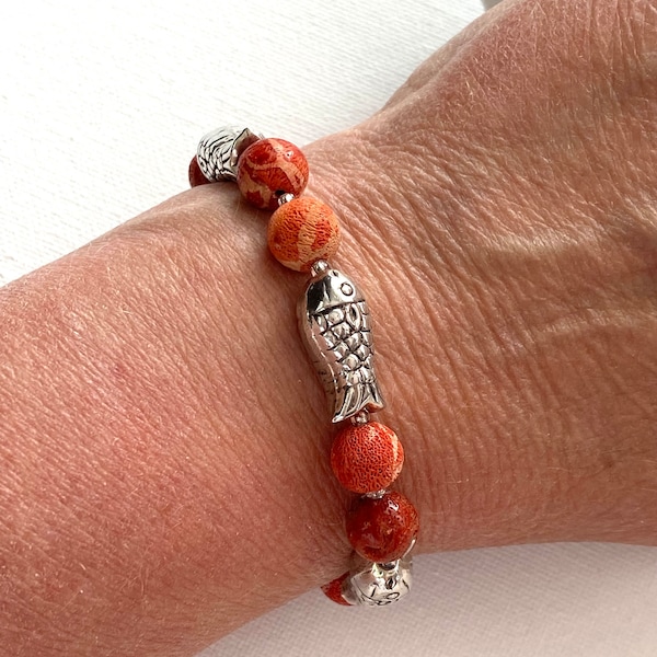 Bracelet en Corail Gorgone et connecteurs Poisson en Argent