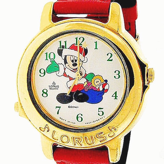 VTG Lorus Mickey Mouse Gold-Tone Watch Red Leather Band Plays Song Jingle‎ Bells Vintage Unisex Lorus Disney Mickey Mouse Christmas Musical  main image 4