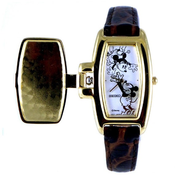 Vintage Seiko Mickey Mouse Watch, Flip Cover Gold Tone, New  display picture 2