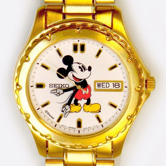 Vintage Seiko Mickey Mouse Watch, Gold Tone Bezel, Day Date 