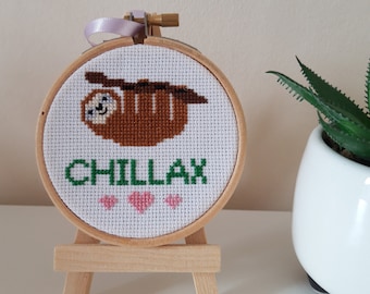 Chillax Sloth Cross Stitch Hoop - Sloth Cross Stitch - Modern Embroidery - Framed Sloth Cross Stitch - Cute Wall Art - Gift for Sloth Lovers