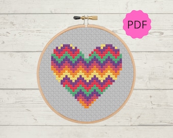 Punto croce cuore a zigzag - motivo a cuore colorato - mezzopunto a zigzag - motivo Aida grigio - decorazione da parete - download istantaneo - modello PDF