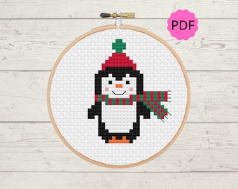 Christmas Penguin Cross Stitch - Cute Penguin Cross Stitch - Easy Christmas Embroidery - Cute Needlepoint - Instant Download - PDF Pattern