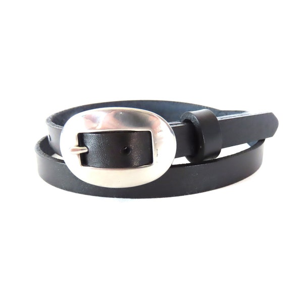 Handmade black leather belt 100% cowhide full grain plain stainless steel oval buckle 1/2" wide size 26 or 31 women's waist dress A23 or A28