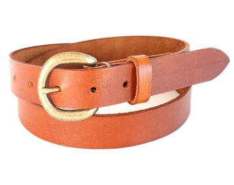 Cinturón de cuero marrón claro hecho a mano de 34", 100 % piel de vaca, hebilla de latón antiguo, grano completo, A10, 1" de ancho, unisex para mujer