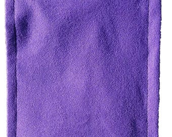 May include: A rectangular, purple fabric pouch with a folded-over top. The pouch is made of a textured material and has a stitched border. The color is a vibrant shade of purple.