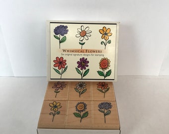 6pc Lot Set of Whimsical Flowers Rubber Stamps Flower Stencil Prints Hero Arts