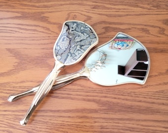 Vintage vanity dresser set - mirror and hairbrush - gold metal black silver back