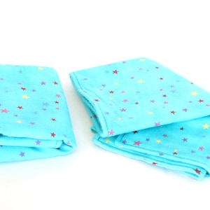 2 Handmade Baby Burp Cloths 20&quot; x 10&quot; Turquoise Flannel Fabric with multi-colored star pattern for boy or girl unisex