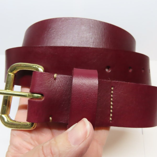 39" Burgundy leather belt 100% cowhide full grain handmade plain solid brass buckle P FULL GRAIN 1.5" wide men's