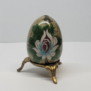 Vintage Little Glass Enamel Egg with Brass Display Stand Floral Cloisonne