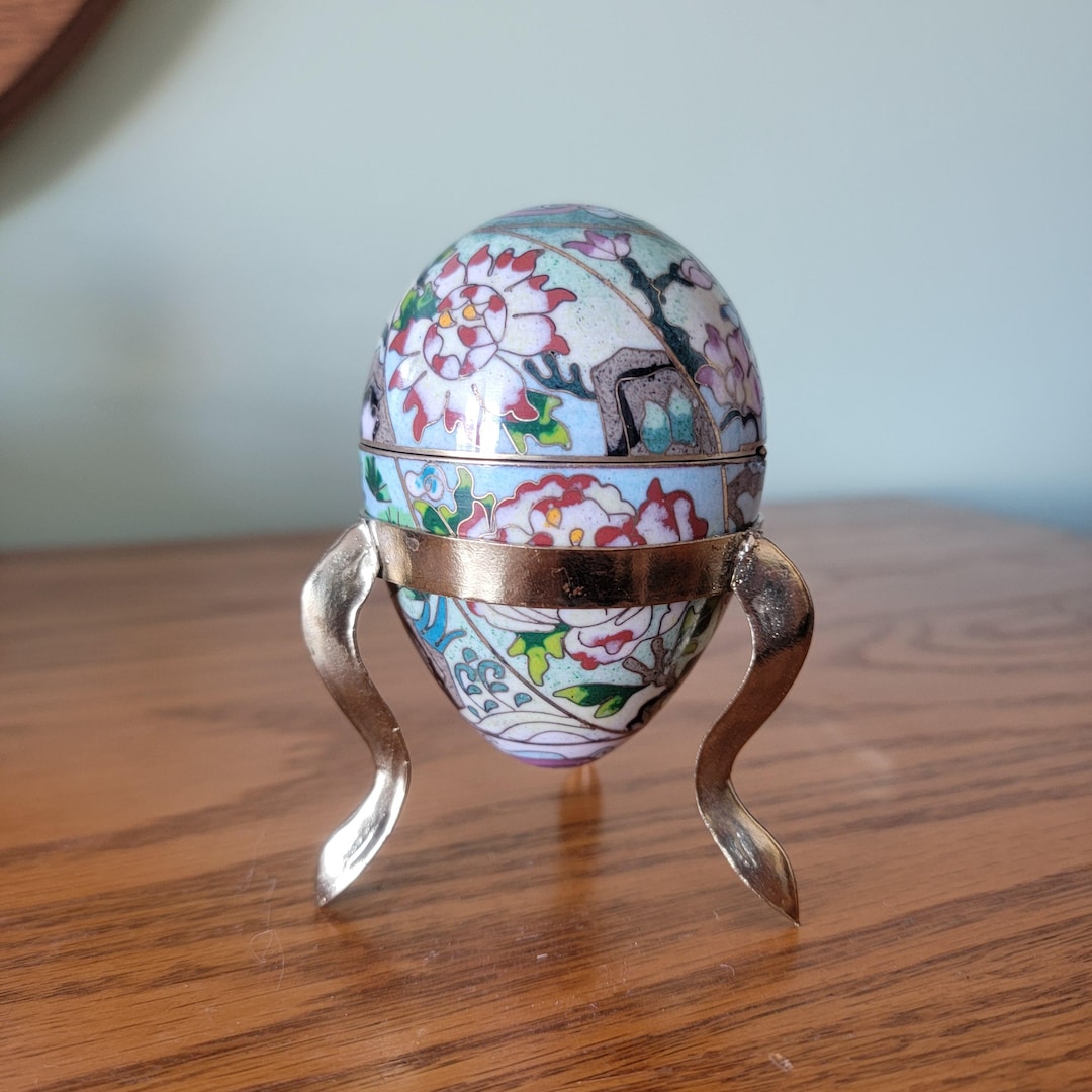 Vintage Enameled Cloissone Egg Trinket Box With Metal Display