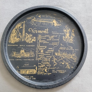 Vintage 11" Vermont metal tray - landmarks building monuments map - black brown - state memorabilia decor