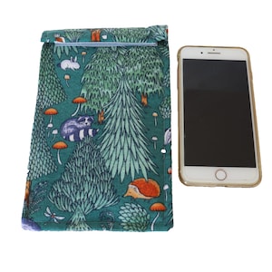 Faraday Cell Phone Case EMF Protective Sleeve Signal-blocking security pouch Handmade Forest Woods Woodland Animals Creatures flannel fabric