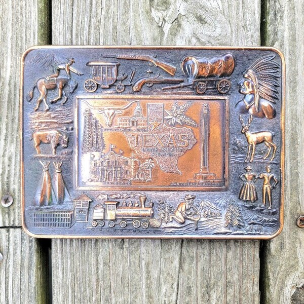 Vintage copper Texas theme metal tray - Indian teepee map train, deer, buffalo, longhorn steer, Austin, Alamo, San Jacinto, Lone Star State
