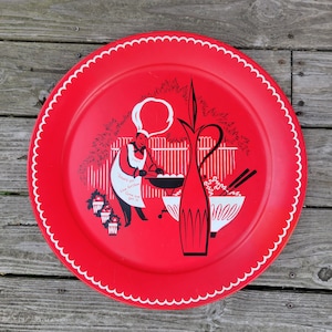 Vintage large Marcelline round metal tray - Mid-Century style chef grilling outdoor cooking - red black white