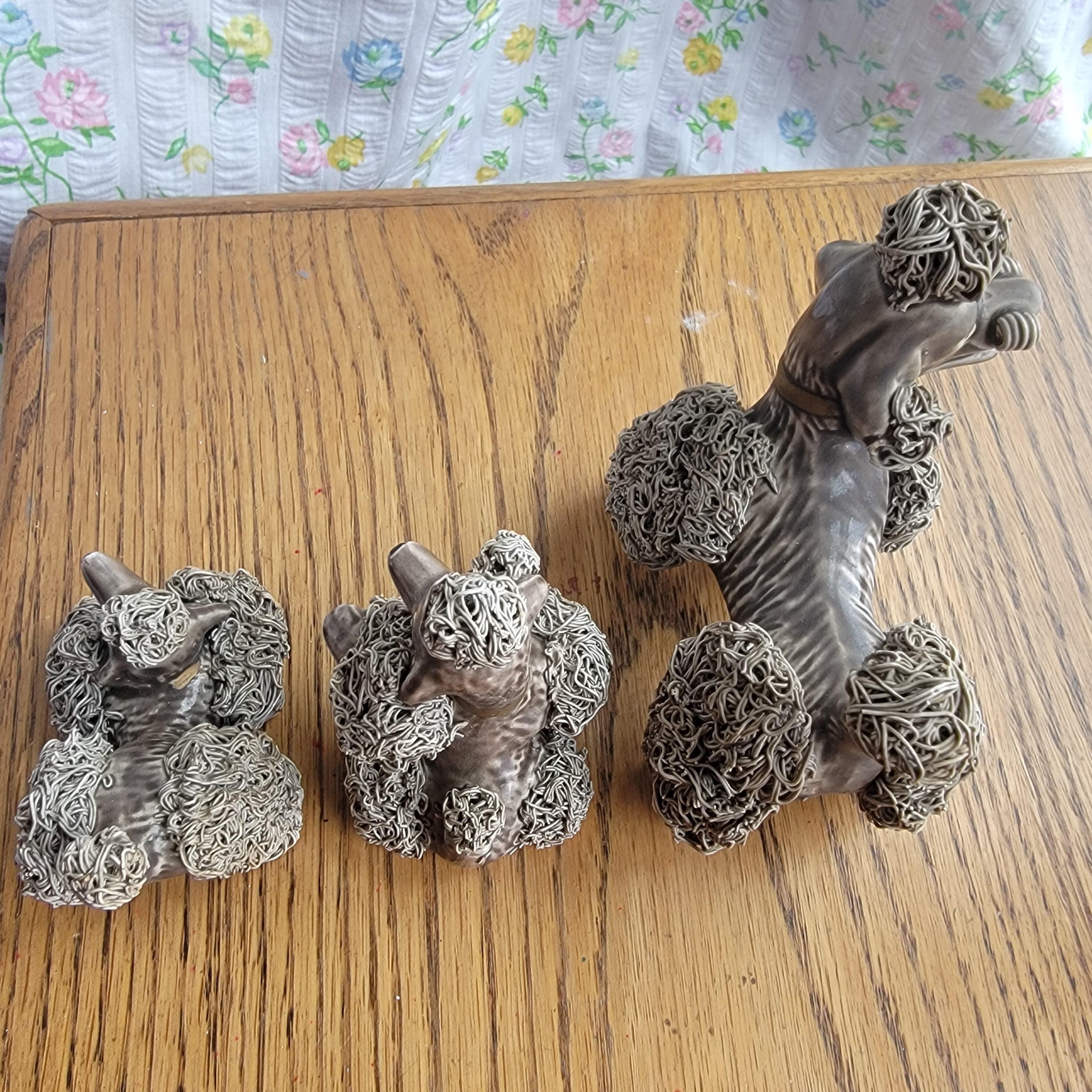Set of 3 Vintage Grey Porcelain Spaghetti Poodle Dog Figurines