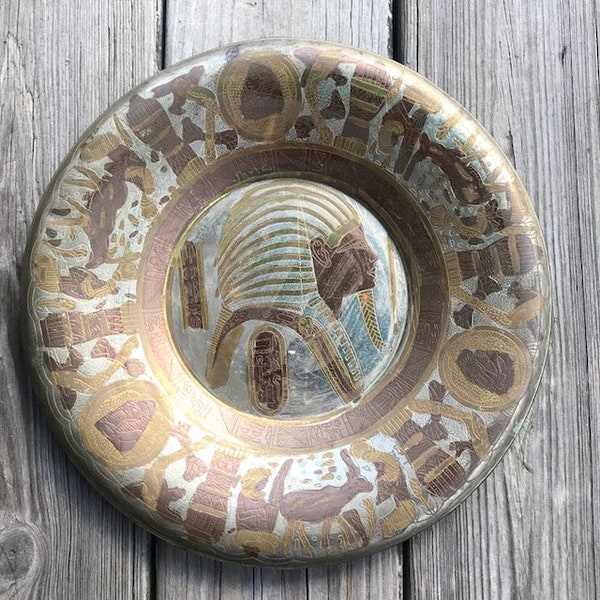 Vintage Egyptian style metal tray - round plate with Egypt scene - mixed metal tones silver copper brass colored tarnished - pharaoh animals