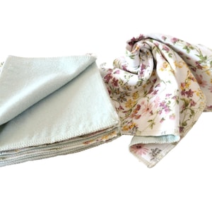 May include: A collection of soft cloths, featuring a light blue backing and a floral print. The floral pattern includes pink, yellow, and green flowers on a white background. The edges are neatly serged.